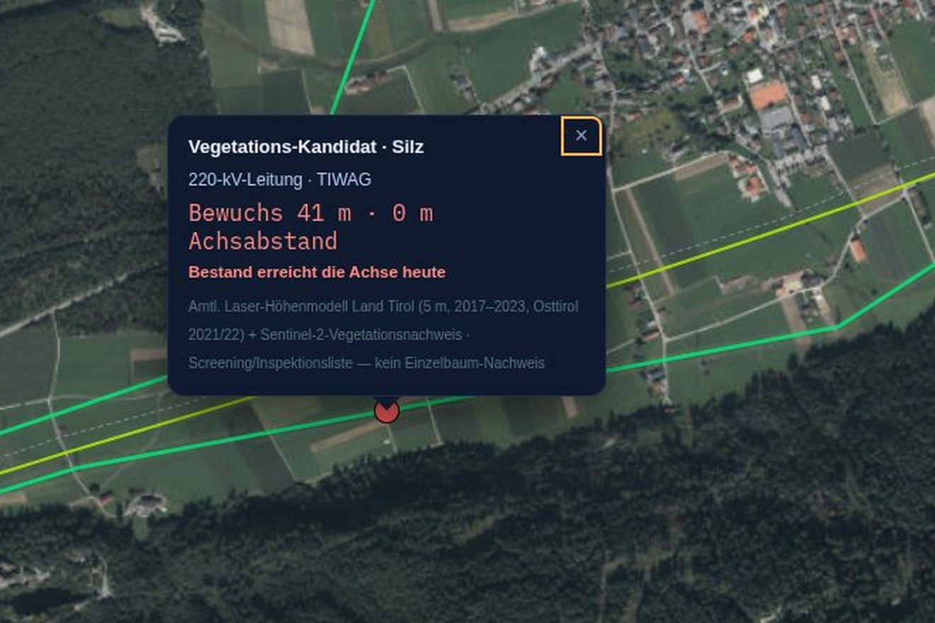Detailkarte eines Vegetations-Kandidaten: Silz, 220-kV-Leitung, 41 m Bewuchs